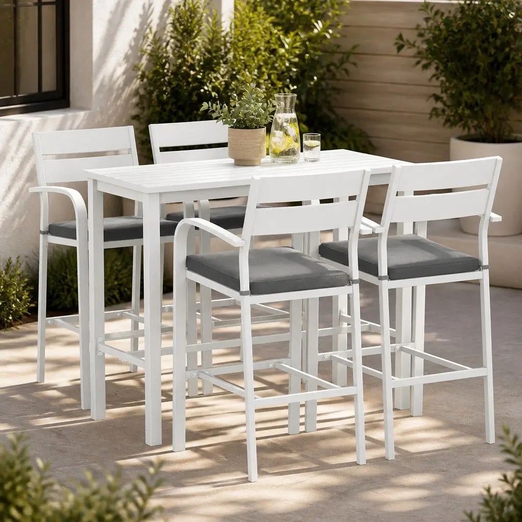 Bar Stools & Table Set Aluminium 5 Piece Outdoor Patio Dining Chairs White