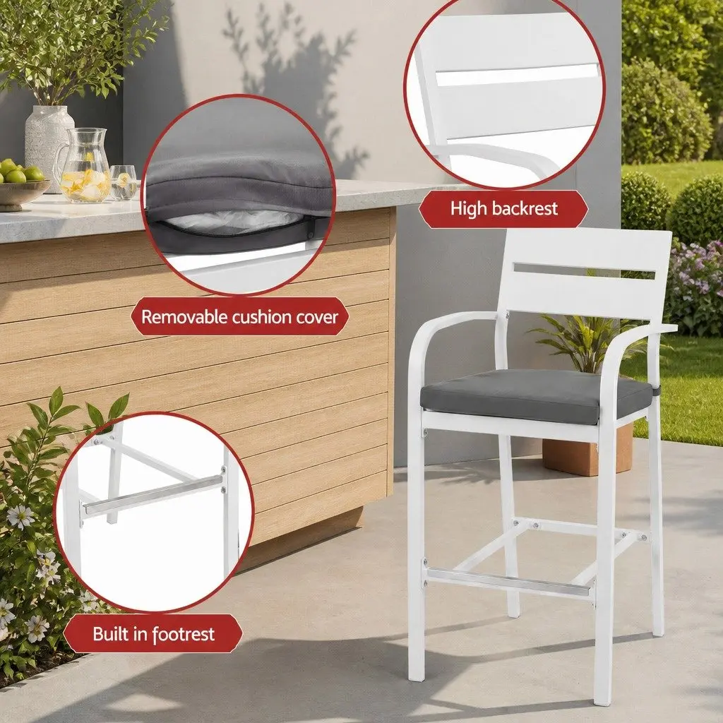 Bar Stools & Table Set Aluminium 5 Piece Outdoor Patio Dining Chairs White