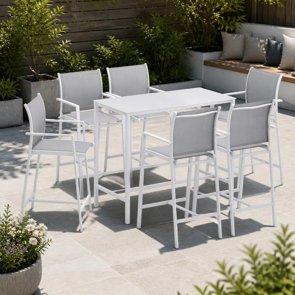 Outdoor Bar Stools Dining Set Steel 7 Piece White Patio Furniture