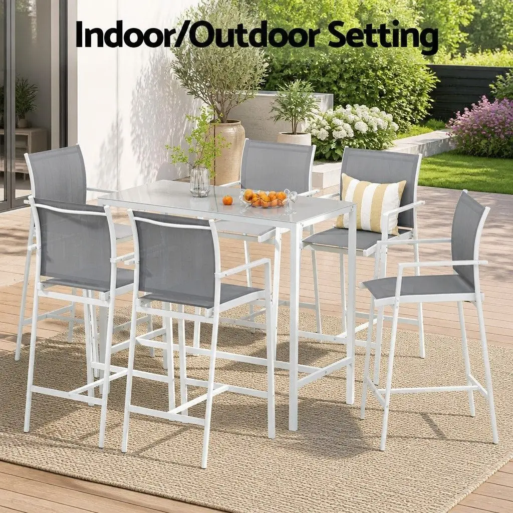 Outdoor Bar Stools Dining Set Steel 7 Piece White Patio Furniture