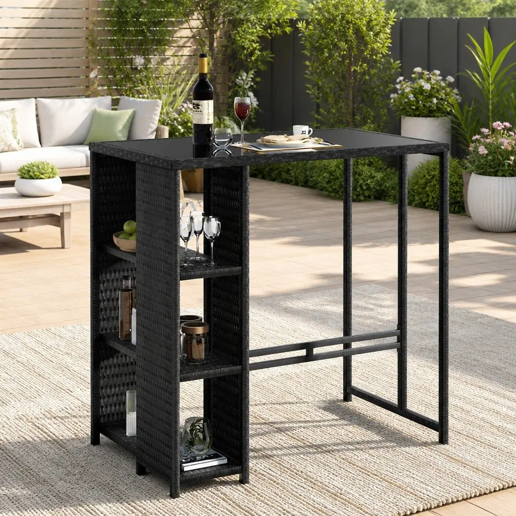 Outdoor Bar Table Steel Wicker Glass Black 1035cm x 620cm x 1045cm