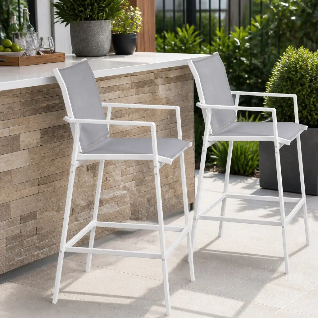 Outdoor Bar Stools Steel Textilene 55cm x 56cm x 114cm White