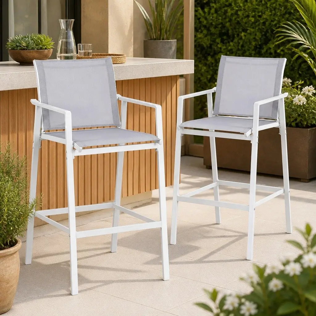 Outdoor Bar Stools Steel Textilene 55cm x 56cm x 114cm White