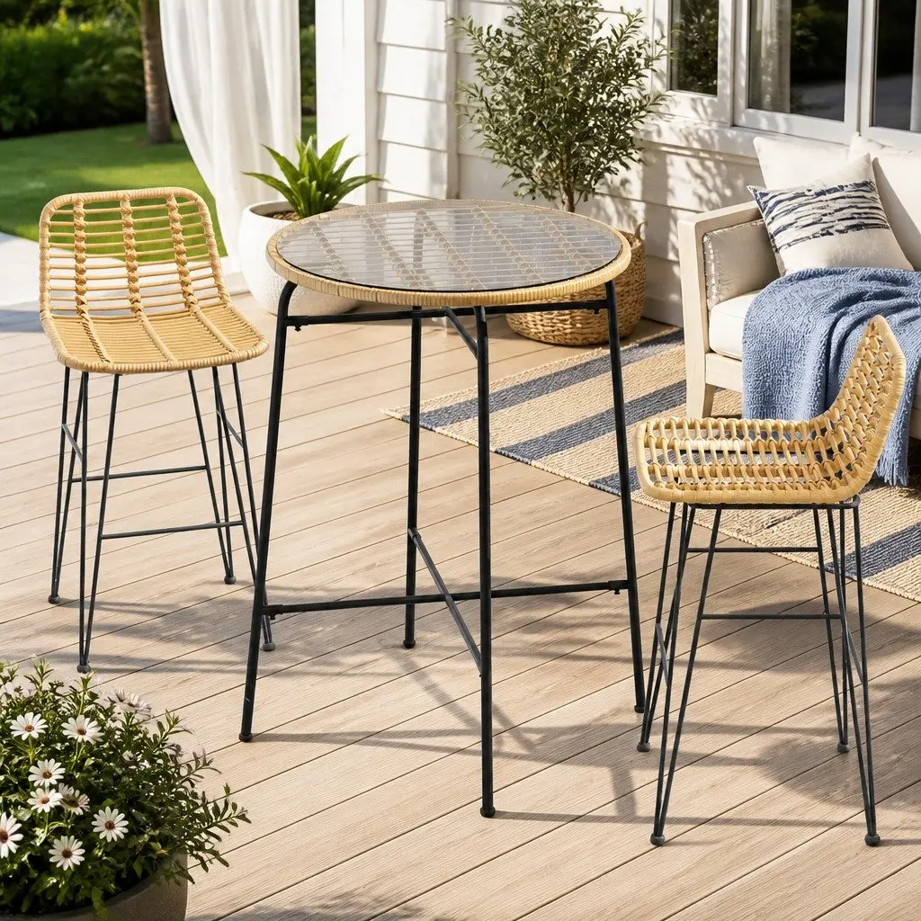 Outdoor Bar Set Wicker 3-Piece Brown and Black