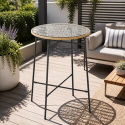 Stylish Outdoor Bar Table with Wicker Edge and Glass Top