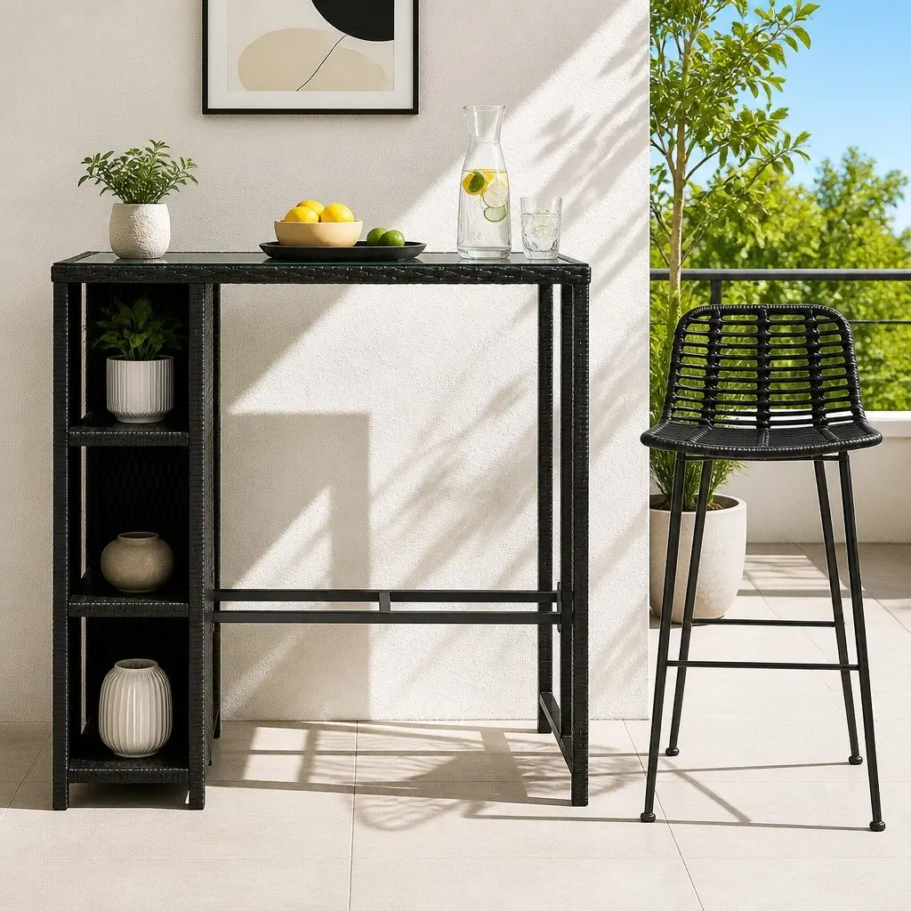 Outdoor Dining Set PE Wicker Metal Black Bar Table and Stools
