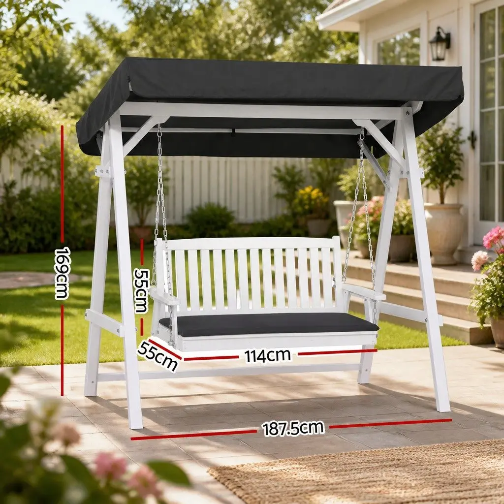 Outdoor Swing Chair Wooden Frame 3 Seater Adjustable Canopy Cushion White