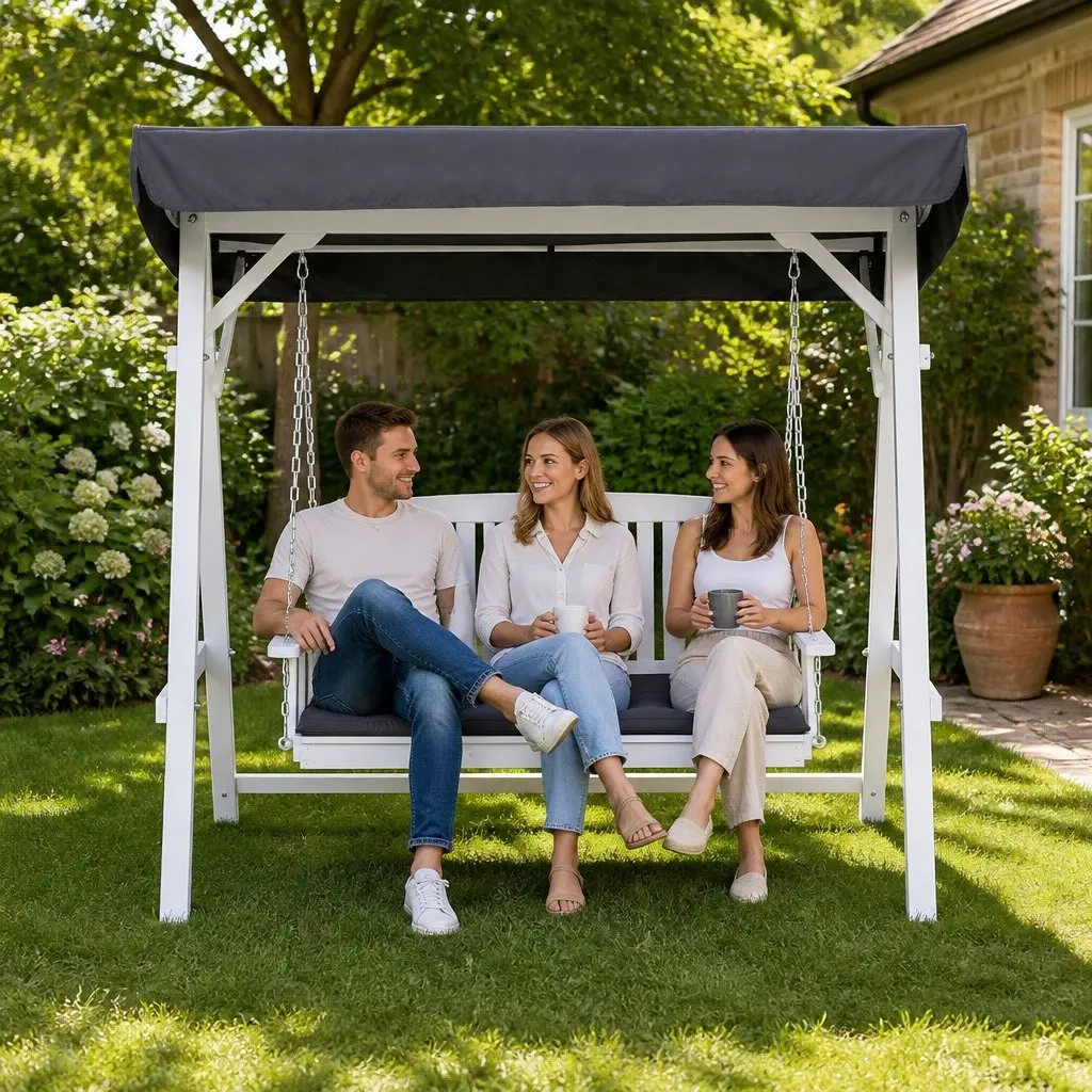 Outdoor Swing Chair Wooden Frame 3 Seater Adjustable Canopy Cushion White