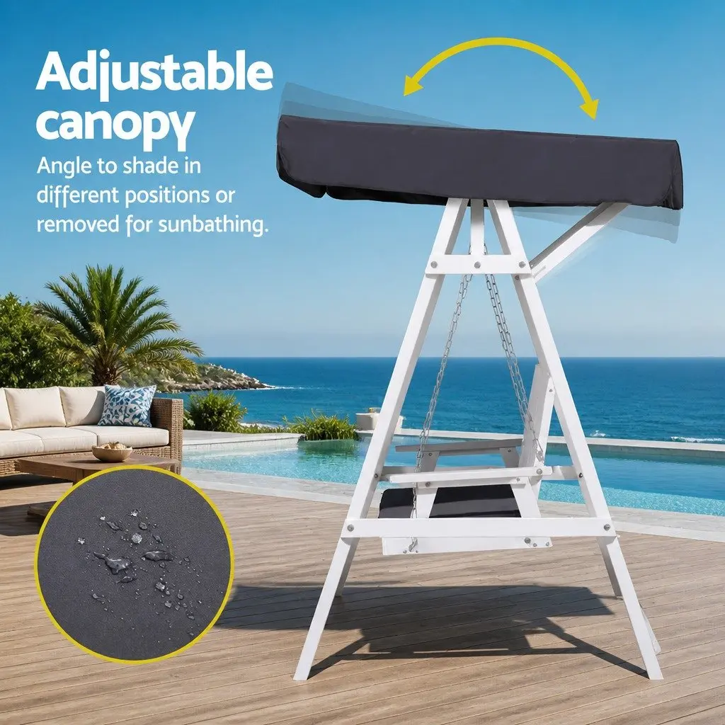Outdoor Swing Chair Wooden Frame 3 Seater Adjustable Canopy Cushion White