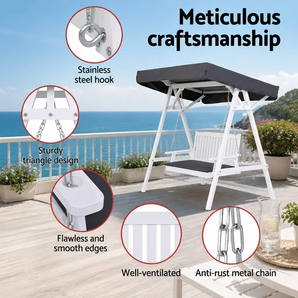 Outdoor Swing Chair Wooden Frame 3 Seater Adjustable Canopy Cushion White