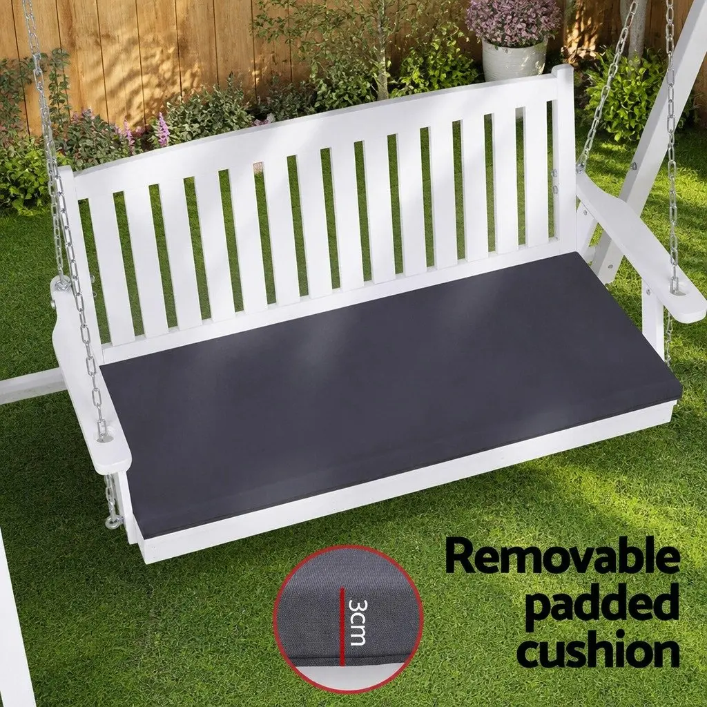 Outdoor Swing Chair Wooden Frame 3 Seater Adjustable Canopy Cushion White