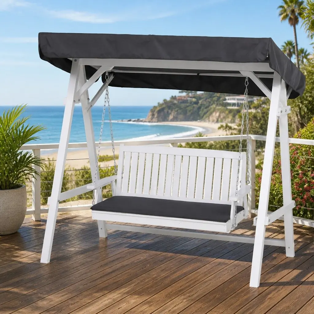 Outdoor Swing Chair Wooden Frame 3 Seater Adjustable Canopy Cushion White