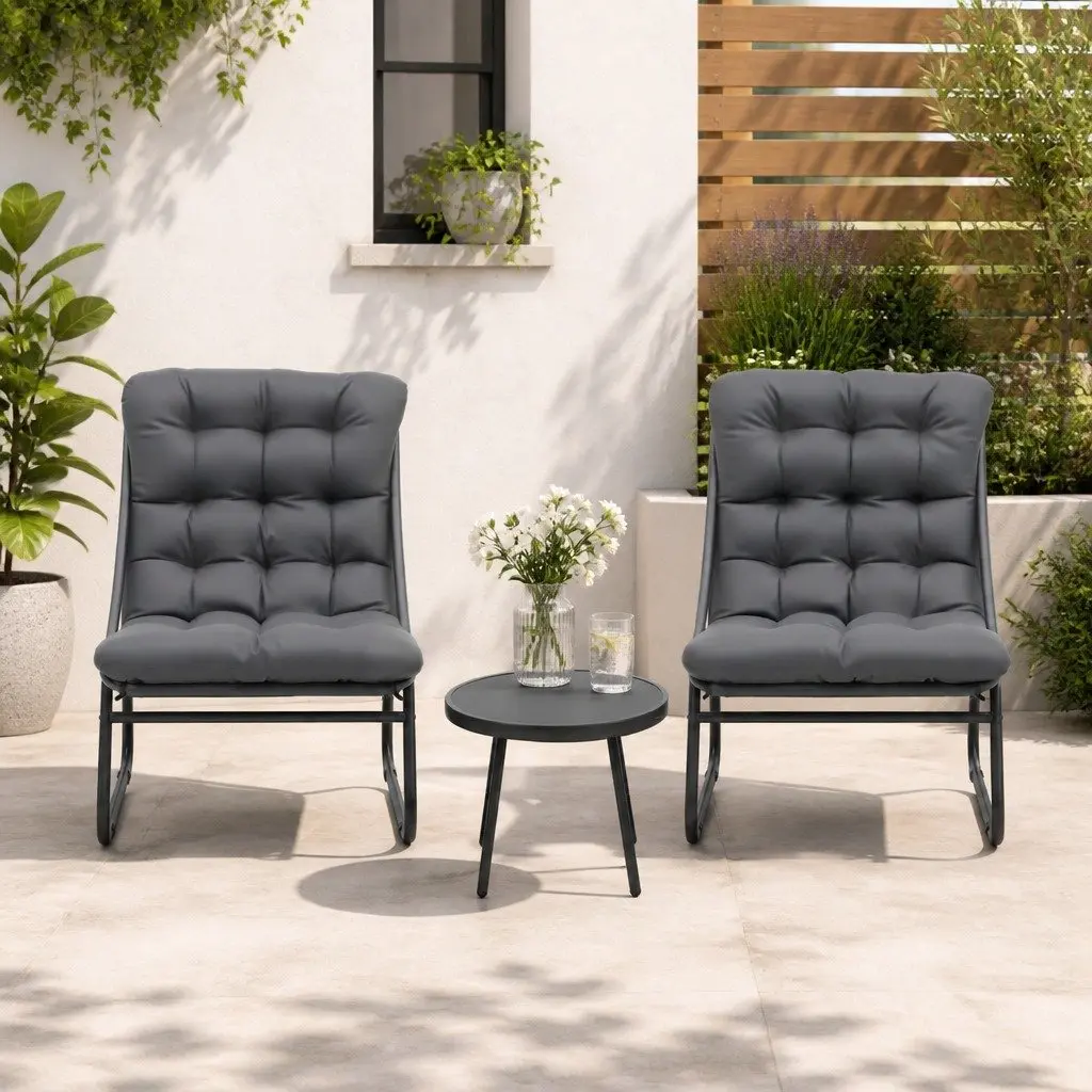 Outdoor Dining Set Steel Frame Tempered Glass Table Textilene Backrest Cushion Grey 3 Piece