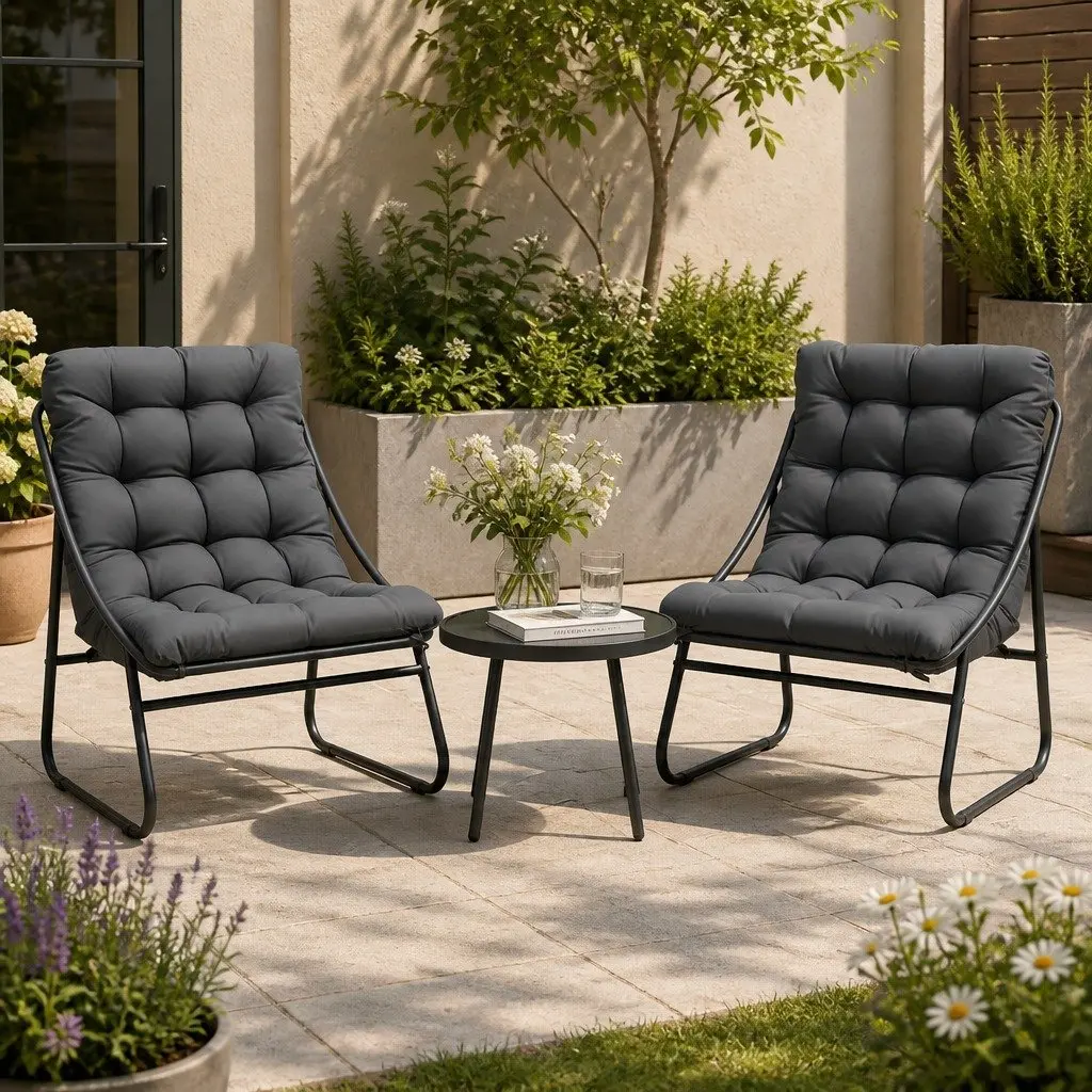 Outdoor Dining Set Steel Frame Tempered Glass Table Textilene Backrest Cushion Grey 3 Piece