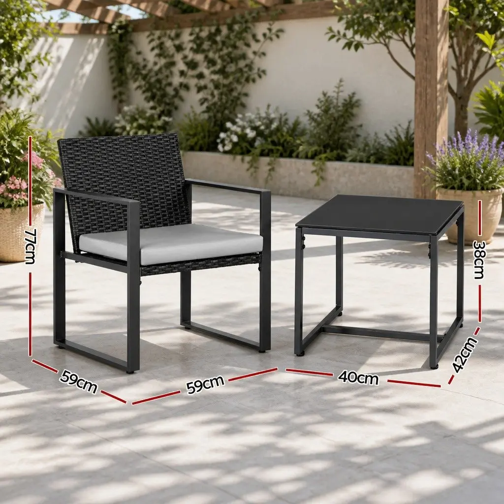 3PC Outdoor Dining Set PE Rattan Steel Frame Tempered Glass Table Black