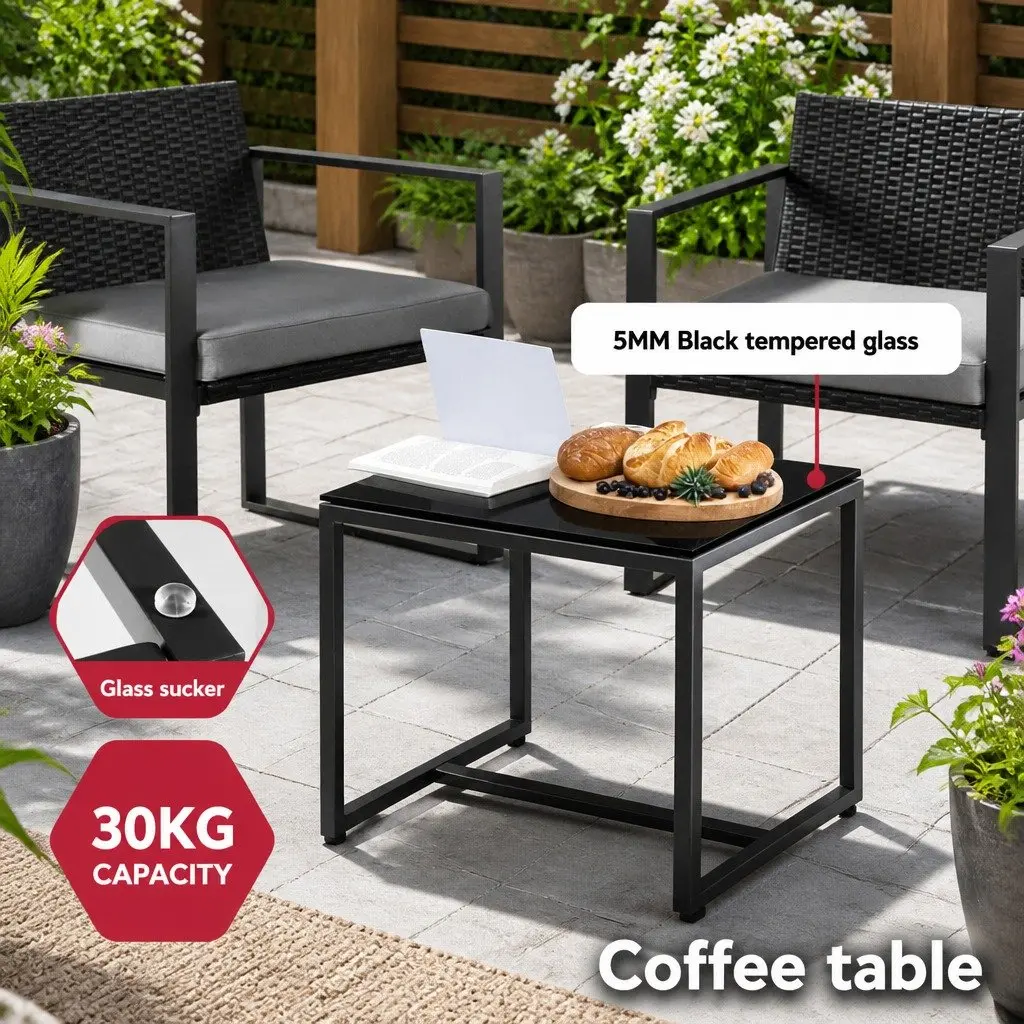 3PC Outdoor Dining Set PE Rattan Steel Frame Tempered Glass Table Black
