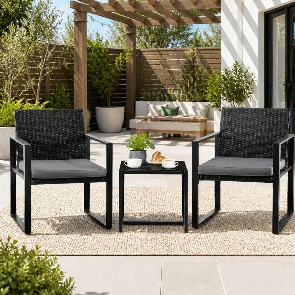 3PC Outdoor Dining Set PE Rattan Steel Frame Tempered Glass Table Black