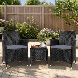 3 Piece Patio Bistro Set with Wicker Chairs and Side Table