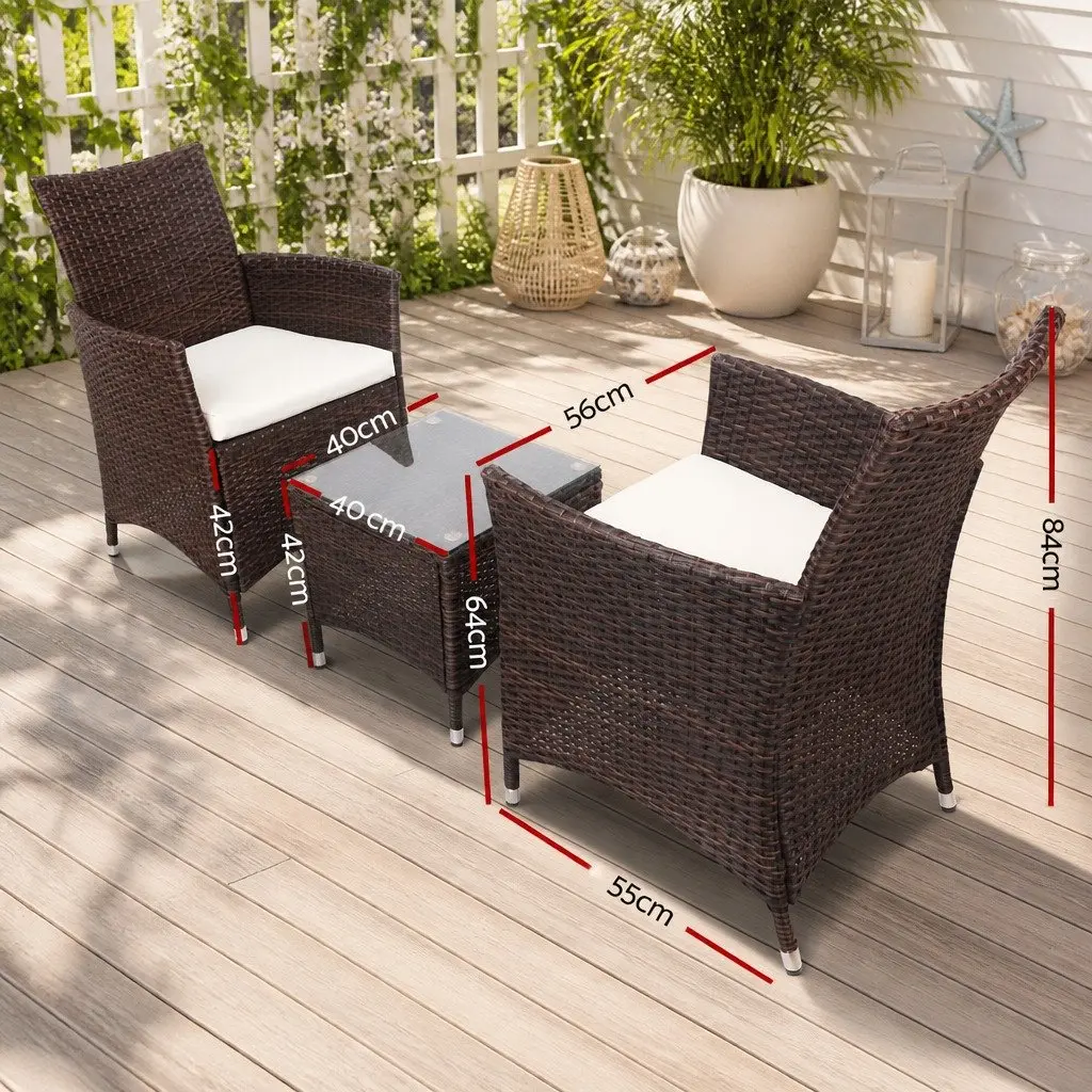 Outdoor Bistro Set PE Wicker 3 Piece Patio Chair and Table with Cushions Brown