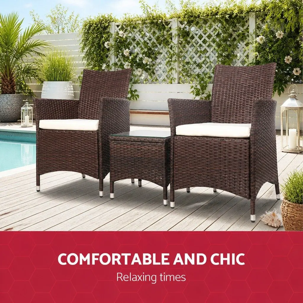 Outdoor Bistro Set PE Wicker 3 Piece Patio Chair and Table with Cushions Brown