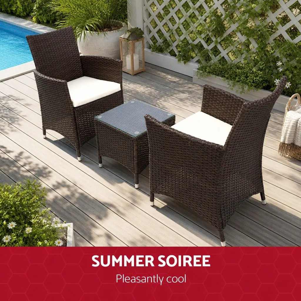 Outdoor Bistro Set PE Wicker 3 Piece Patio Chair and Table with Cushions Brown