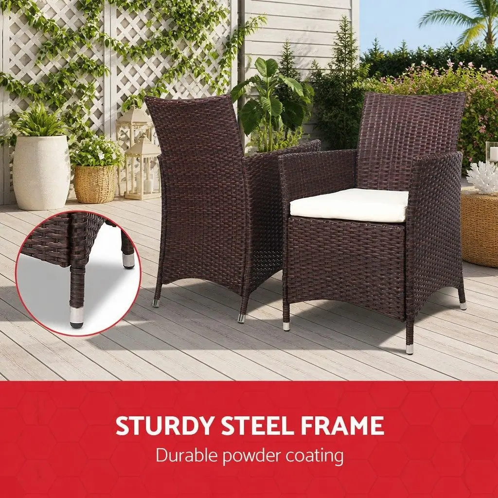 Outdoor Bistro Set PE Wicker 3 Piece Patio Chair and Table with Cushions Brown