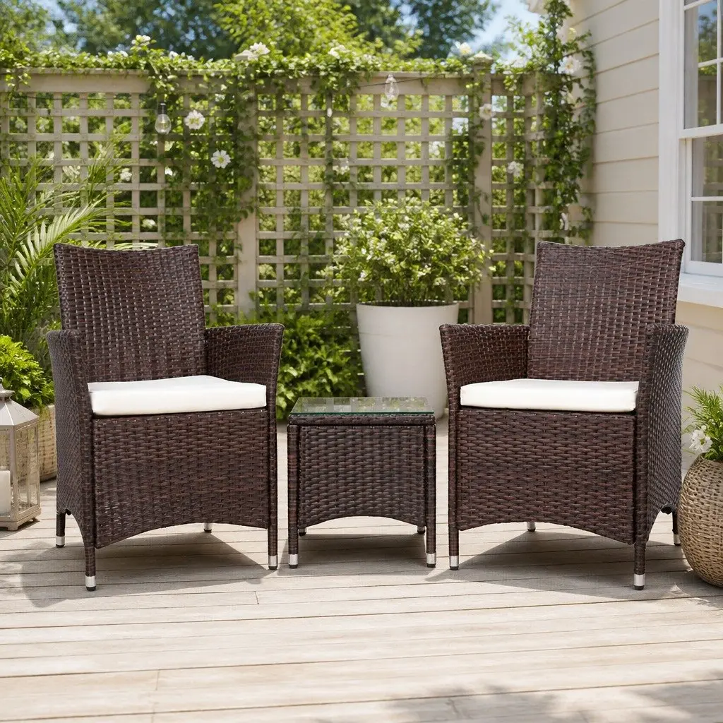 Outdoor Bistro Set PE Wicker 3 Piece Patio Chair and Table with Cushions Brown