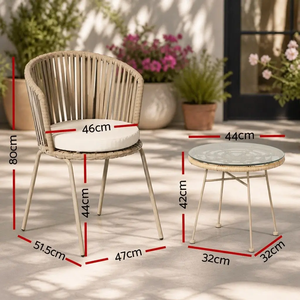 3 Piece Outdoor Bistro Set Powder-Coated Steel Rope Chairs Coffee Table Brown Beige