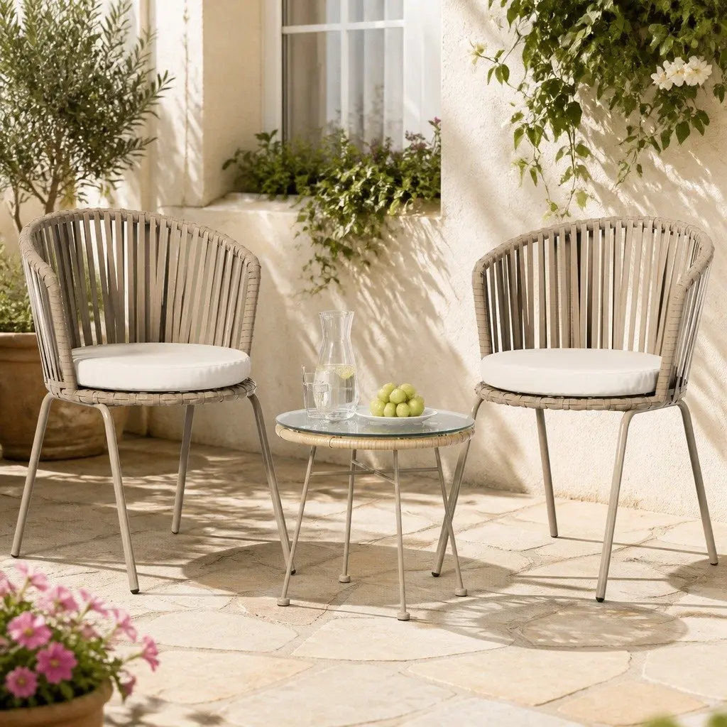 3 Piece Outdoor Bistro Set Powder-Coated Steel Rope Chairs Coffee Table Brown Beige