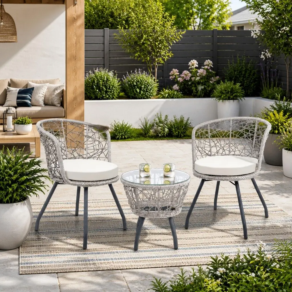 3PC Outdoor Rattan Bistro Set PE Wicker Steel Frame Round Table Chairs Grey