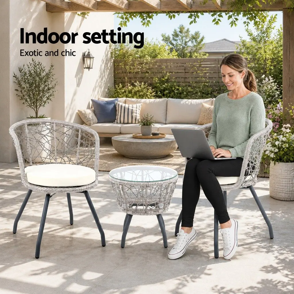 3PC Outdoor Rattan Bistro Set PE Wicker Steel Frame Round Table Chairs Grey