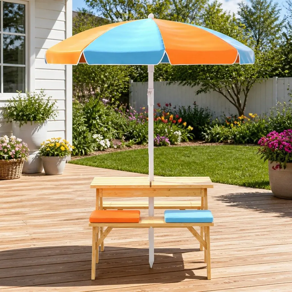 Kids Picnic Table and Bench Set with Umbrella