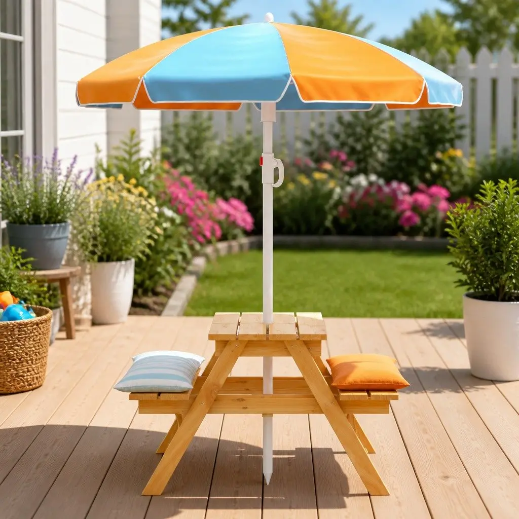 Kids Picnic Table and Bench Set with Umbrella