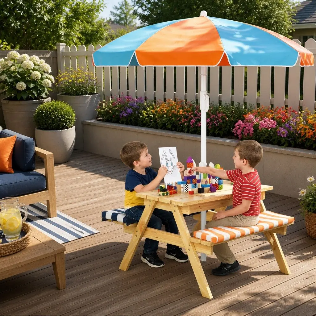 Kids Picnic Table and Bench Set with Umbrella