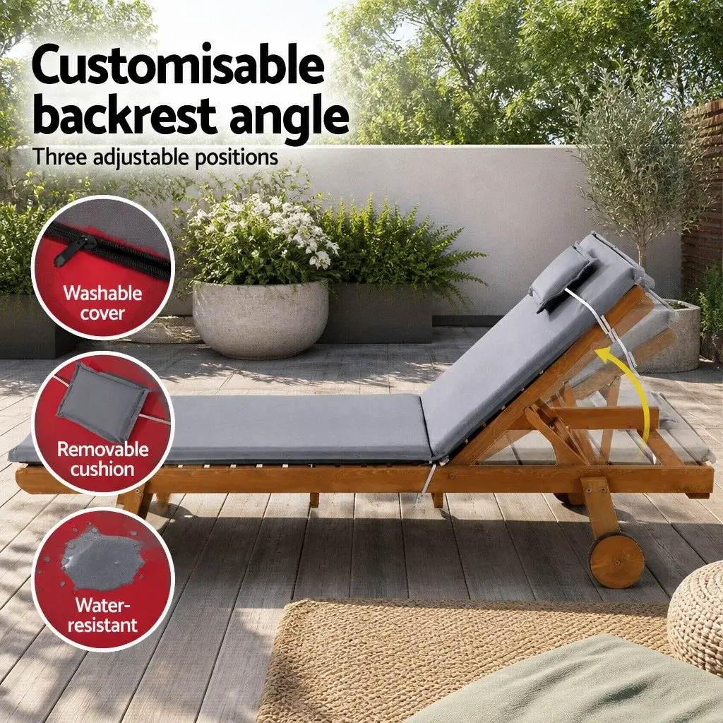 Outdoor Sun Lounger Fir Wood Adjustable Backrest Grey Cushion Set of 2