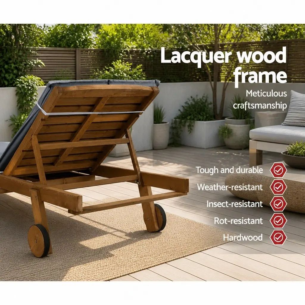 Outdoor Sun Lounger Fir Wood Adjustable Backrest Grey Cushion Set of 2