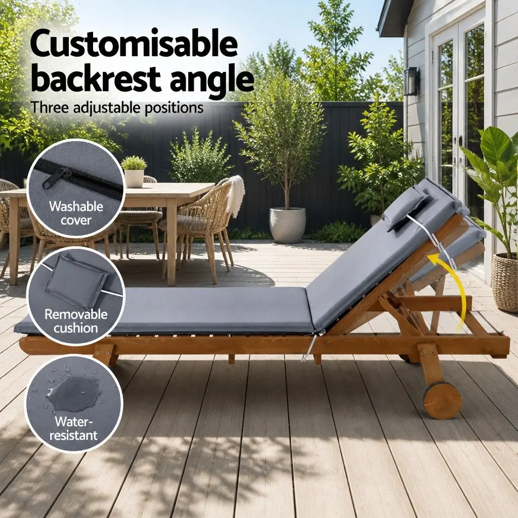 Outdoor Sun Lounger Fir Wood Adjustable Backrest Grey 195cm with Wheels