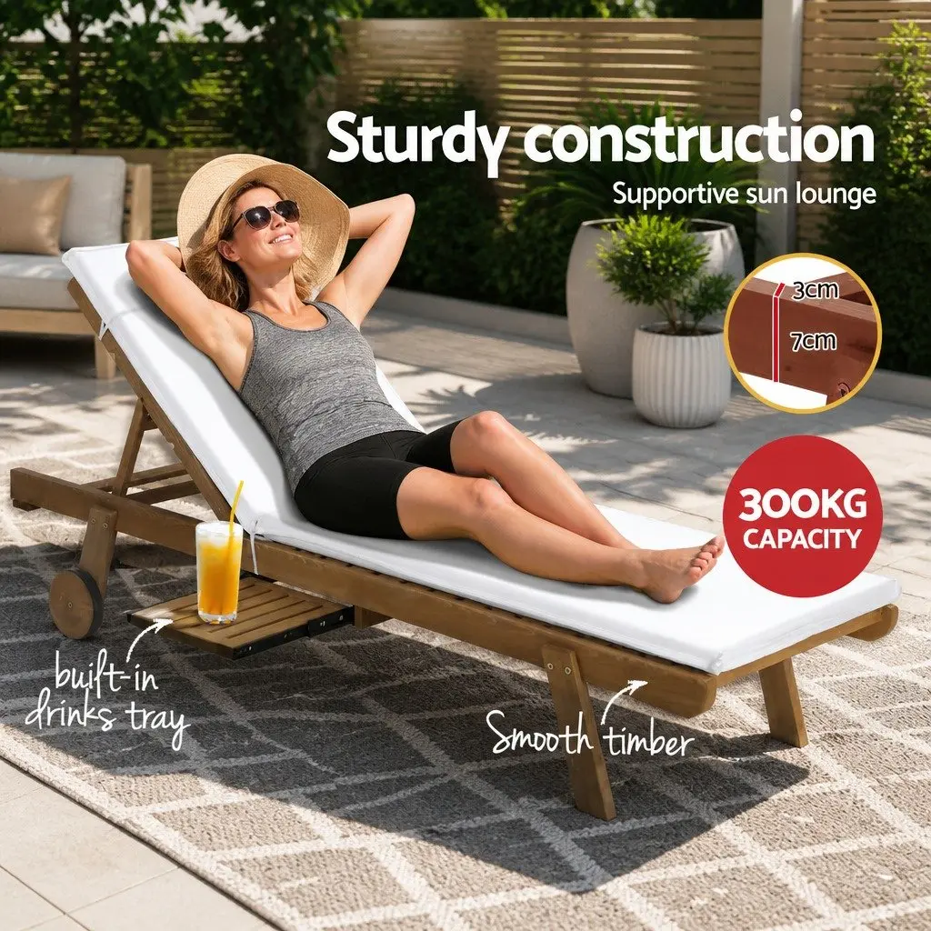 Wooden Sun Lounger Fir Wood Adjustable Backrest White 195cm L x 68cm W x 89cm H