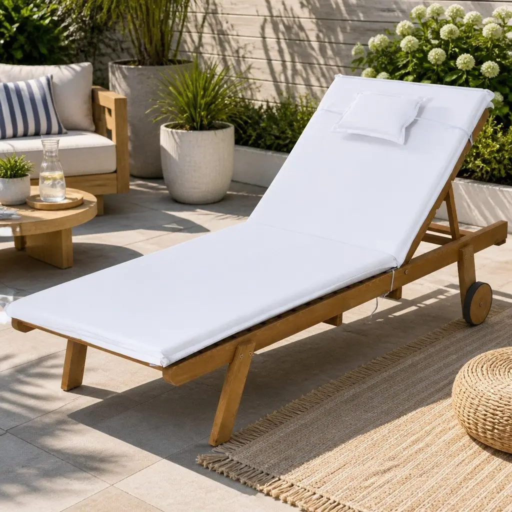 Wooden Sun Lounger Fir Wood Adjustable Backrest White 195cm L x 68cm W x 89cm H