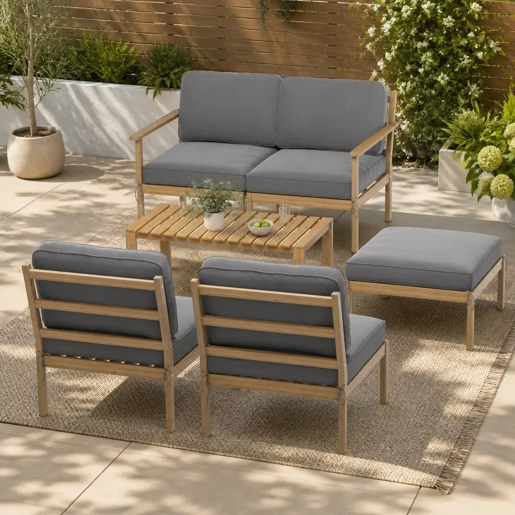 5-Seater Outdoor Sofa Set Wooden Natural Grey 6 Pieces Lounge Furniture
