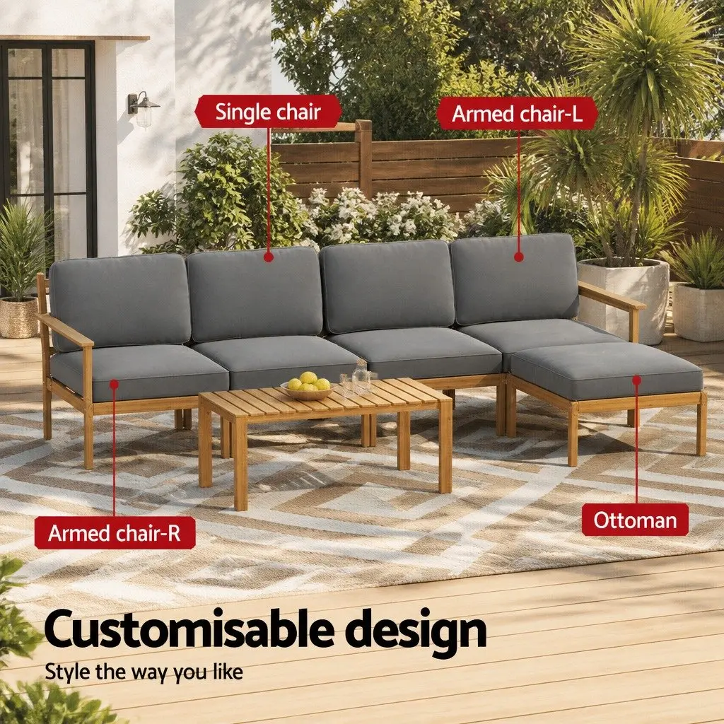 5-Seater Outdoor Sofa Set Wooden Natural Grey 6 Pieces Lounge Furniture