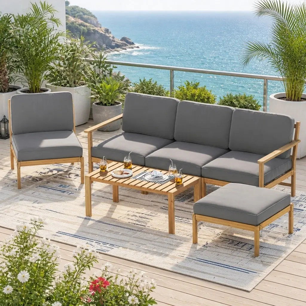 5-Seater Outdoor Sofa Set Wooden Natural Grey 6 Pieces Lounge Furniture