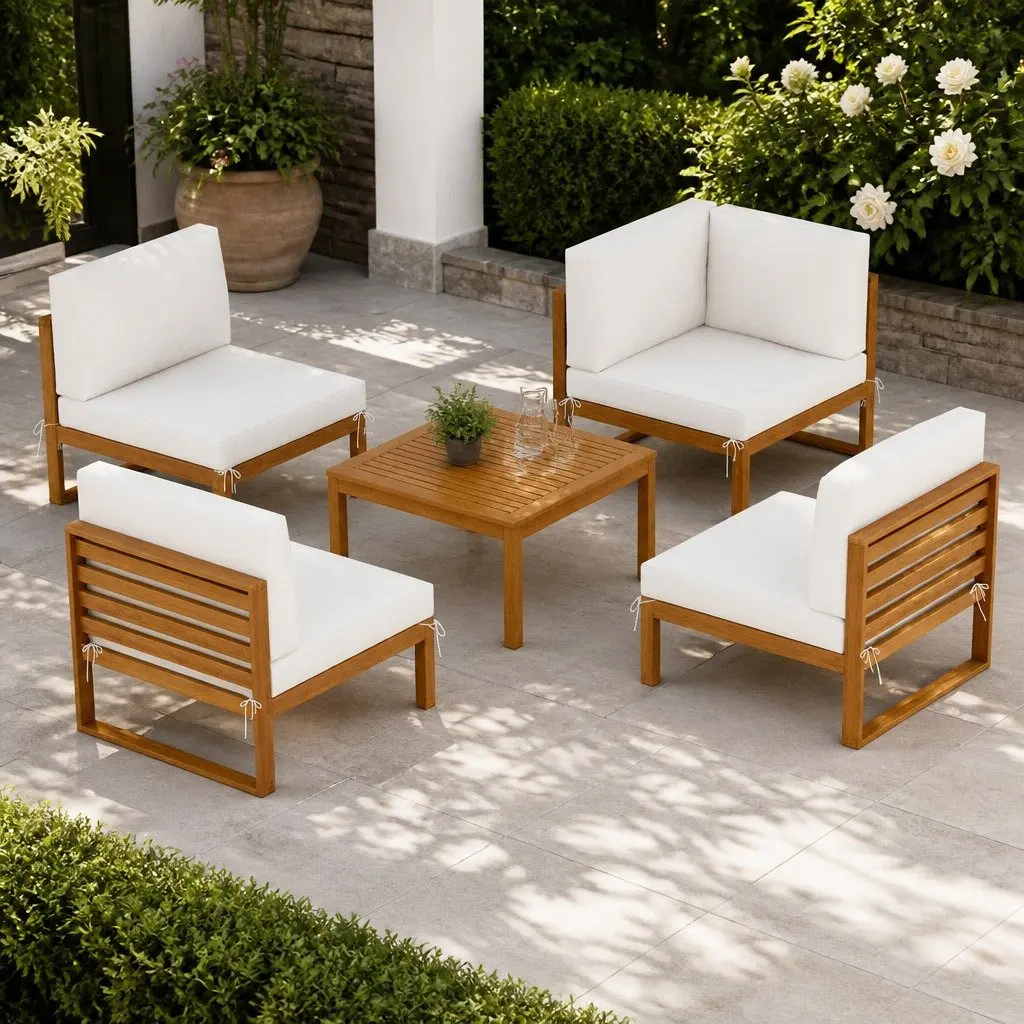 Outdoor Sofa Set Wooden 4 Seater Natural Oak with Coffee Table Beige Cushions