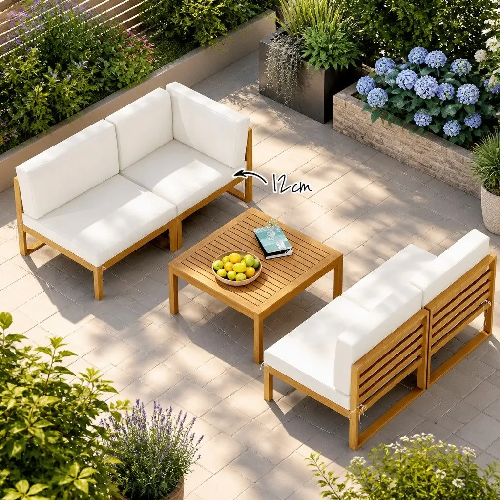 Outdoor Sofa Set Wooden 4 Seater Natural Oak with Coffee Table Beige Cushions
