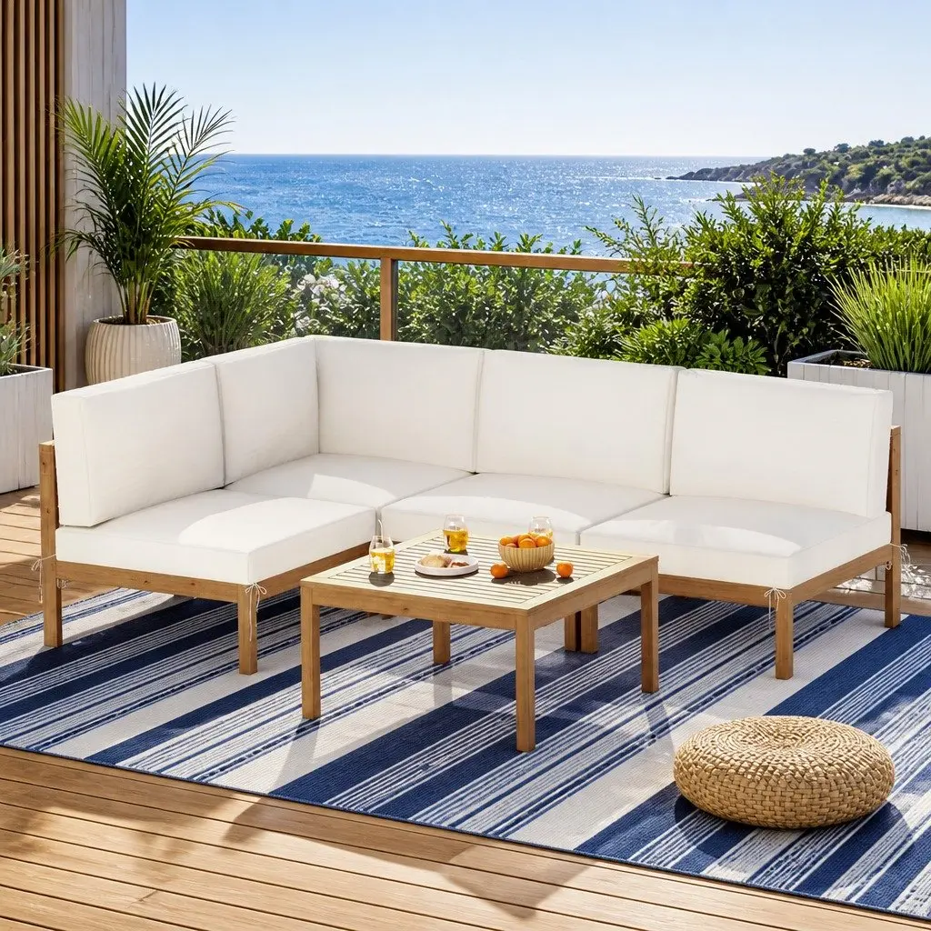 Outdoor Sofa Set Wooden 4 Seater Natural Oak with Coffee Table Beige Cushions