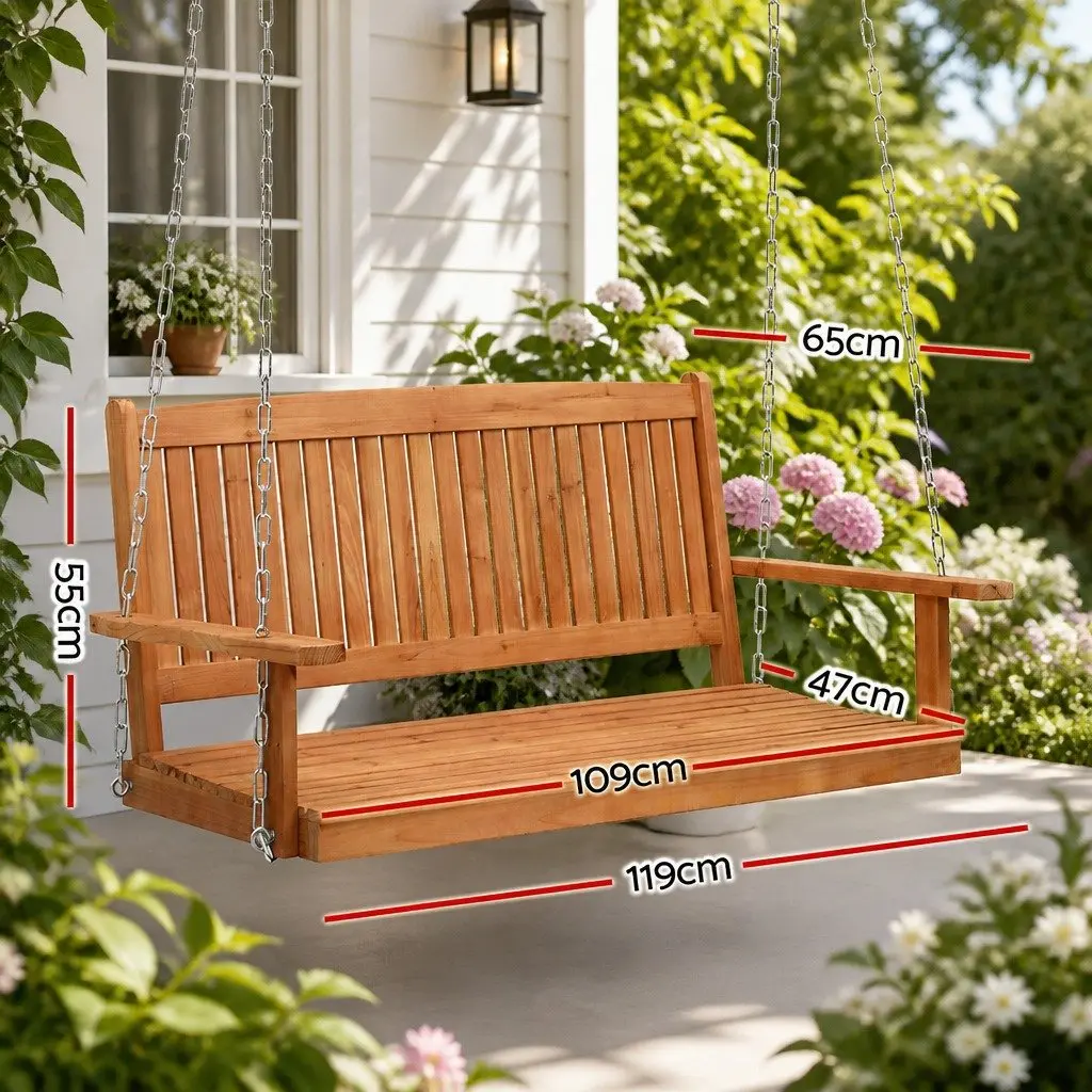 2 Seater Swing Chair Wooden Teak Outdoor Garden Bench with Metal Chains