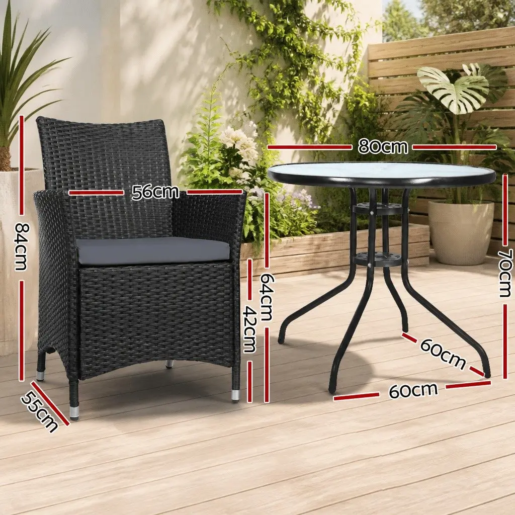 3PC Bistro Set with Glass Table and Wicker Chairs