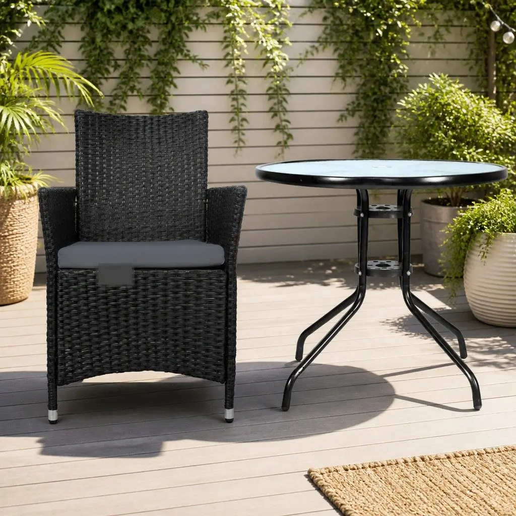 3PC Bistro Set with Glass Table and Wicker Chairs