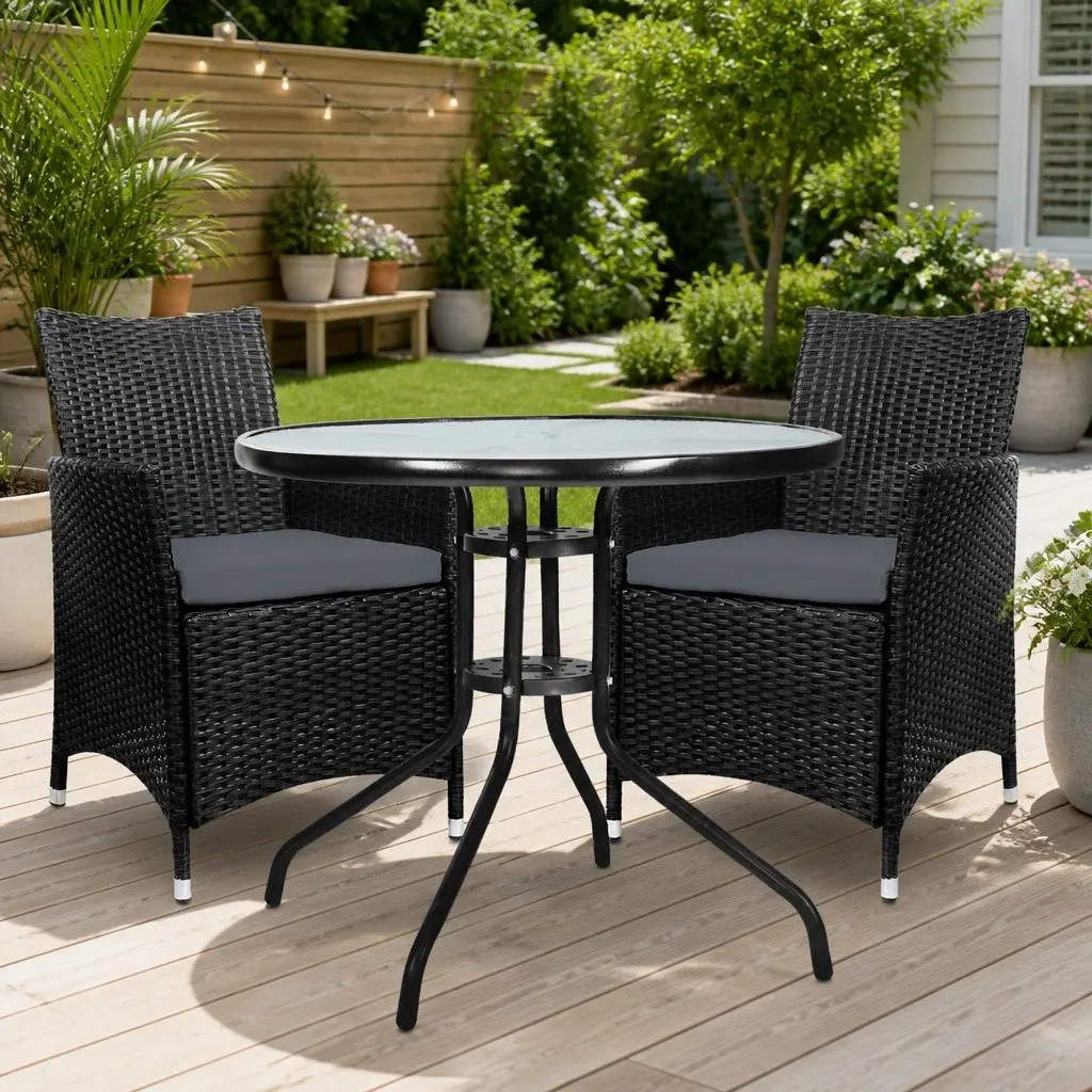 3PC Bistro Set with Glass Table and Wicker Chairs