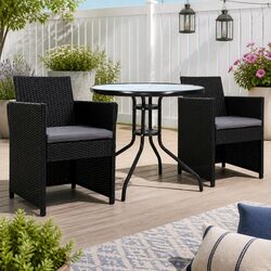 3PC Black Rattan Bistro Set with Glass Table